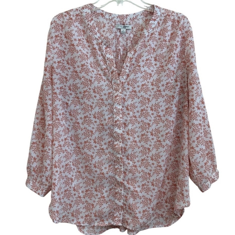 Jachs Girlfriend Womens Large Terracotta Leaf Print Button Up Blouse Top